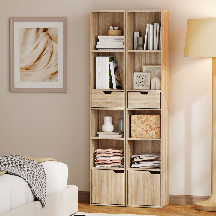 6-Tier Bookcase, Tall Narrow Bookshelf with Drawer and Door - Natural 