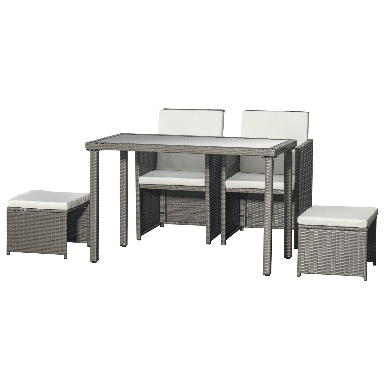 2 Seater Rattan Cube Garden Furniture Set, Rattan Dining Set with Cushions, Outdoor Dining Table and Chairs with 2 Armchairs, 2 Stools, Rectangular Glass Top Table for Patio, Balcony, Grey