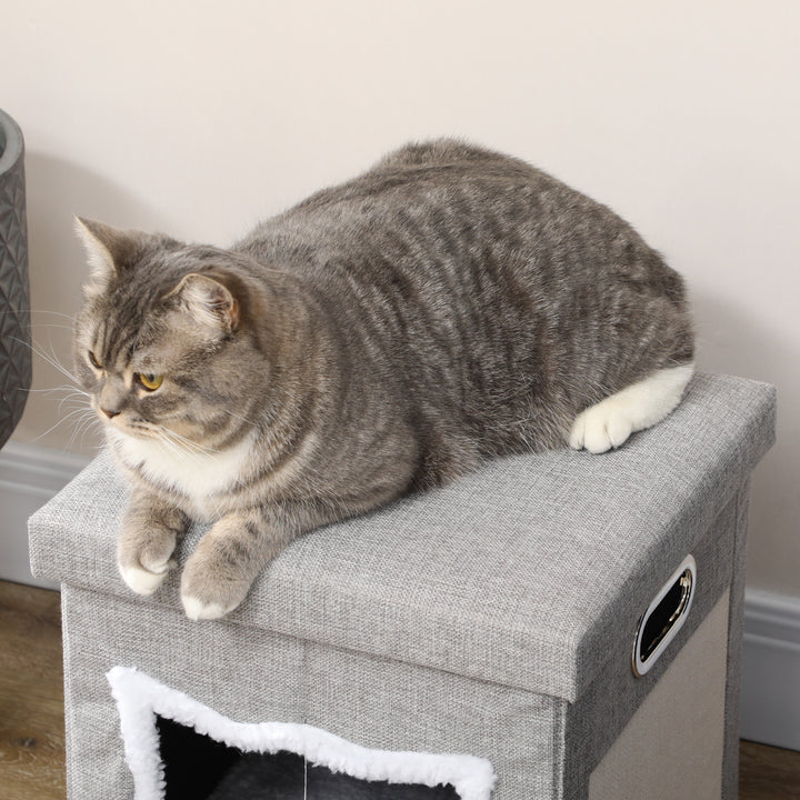 Cat House Cave, Cat Bed Cube with Scratching Pad, Soft Detachable & Washable Cushion, Toy Ball, for Indoor Kittens, Grey