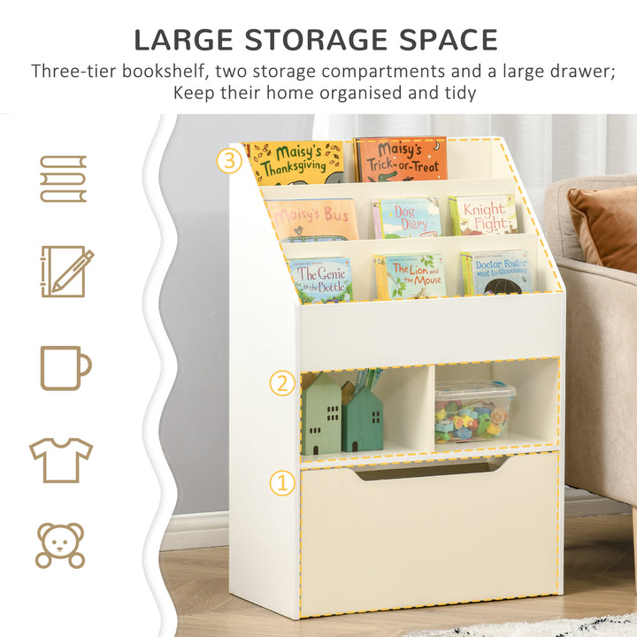 Kids Bookshelf, Toy Organiser, with Storage Drawer, Wheels - White