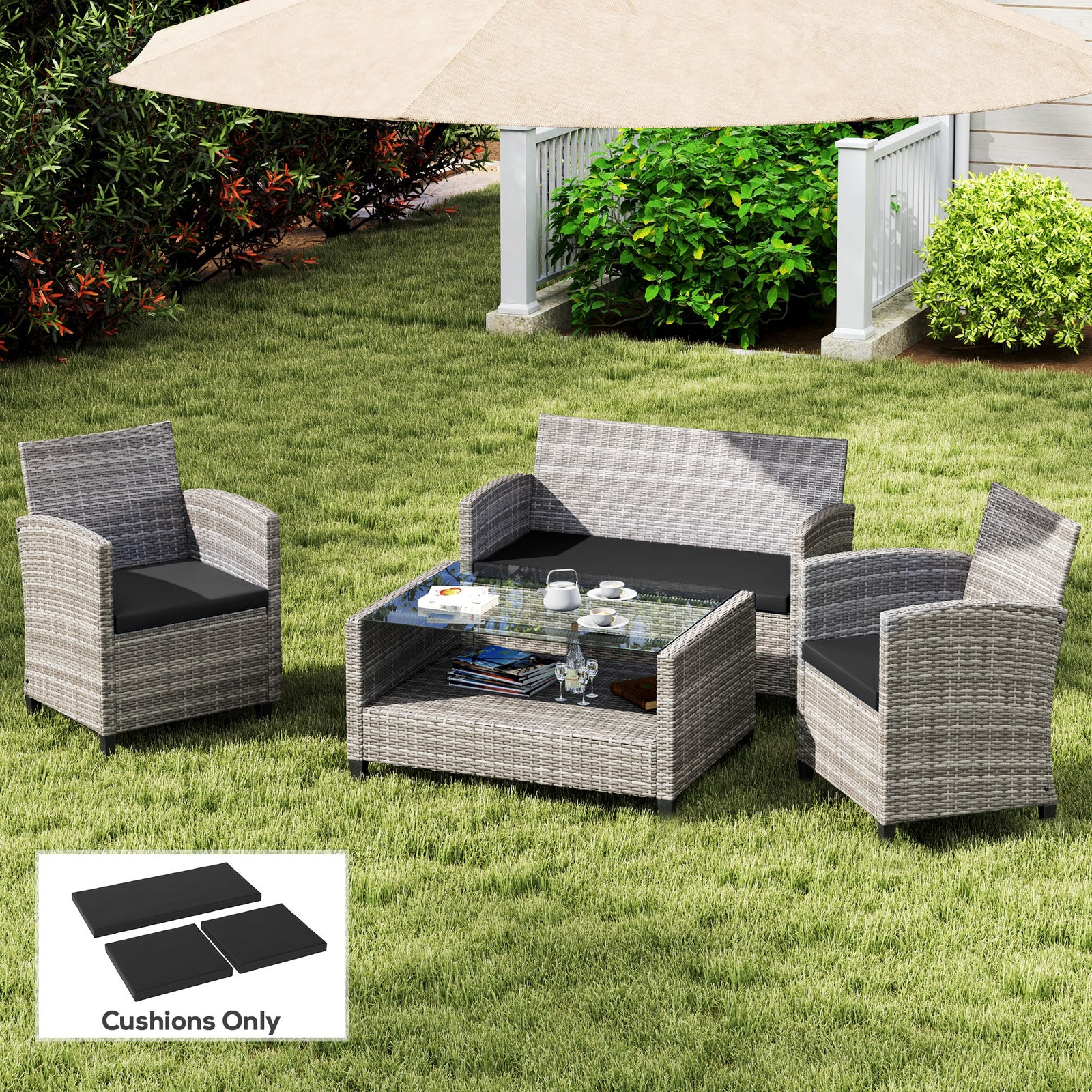 Outdoor Seat Cushion Pads for Rattan Furniture, 3 PCs Garden Furniture Cushions, Black