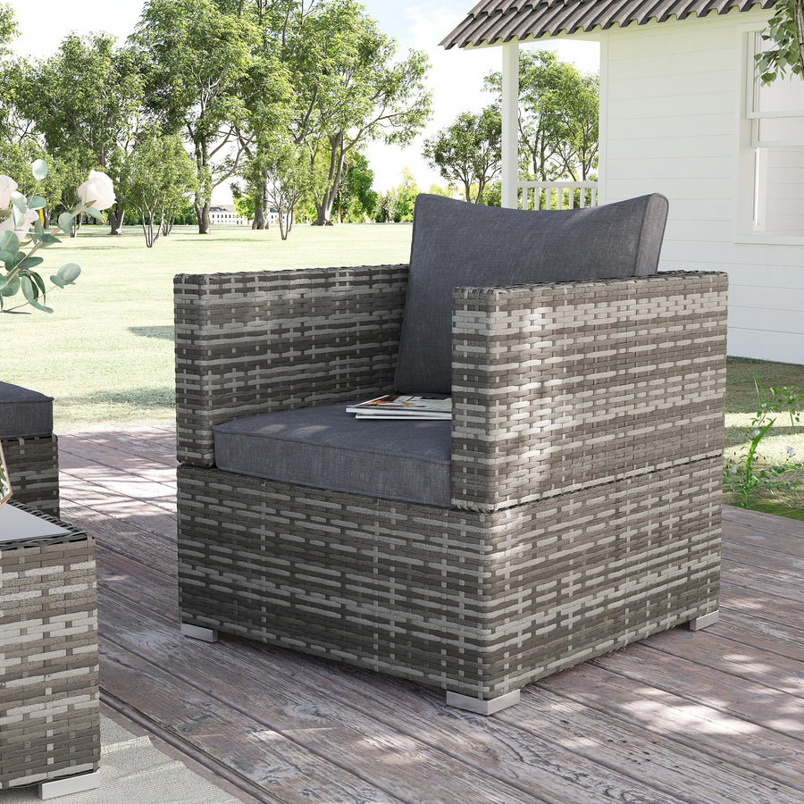 Single Rattan Garden Chair, PE Wicker Garden Armchair with Cushions, Outdoor Rattan Chair with Armrests and Steel Frame for Conservatory, Porch, Patio, Balcony, Dark Grey