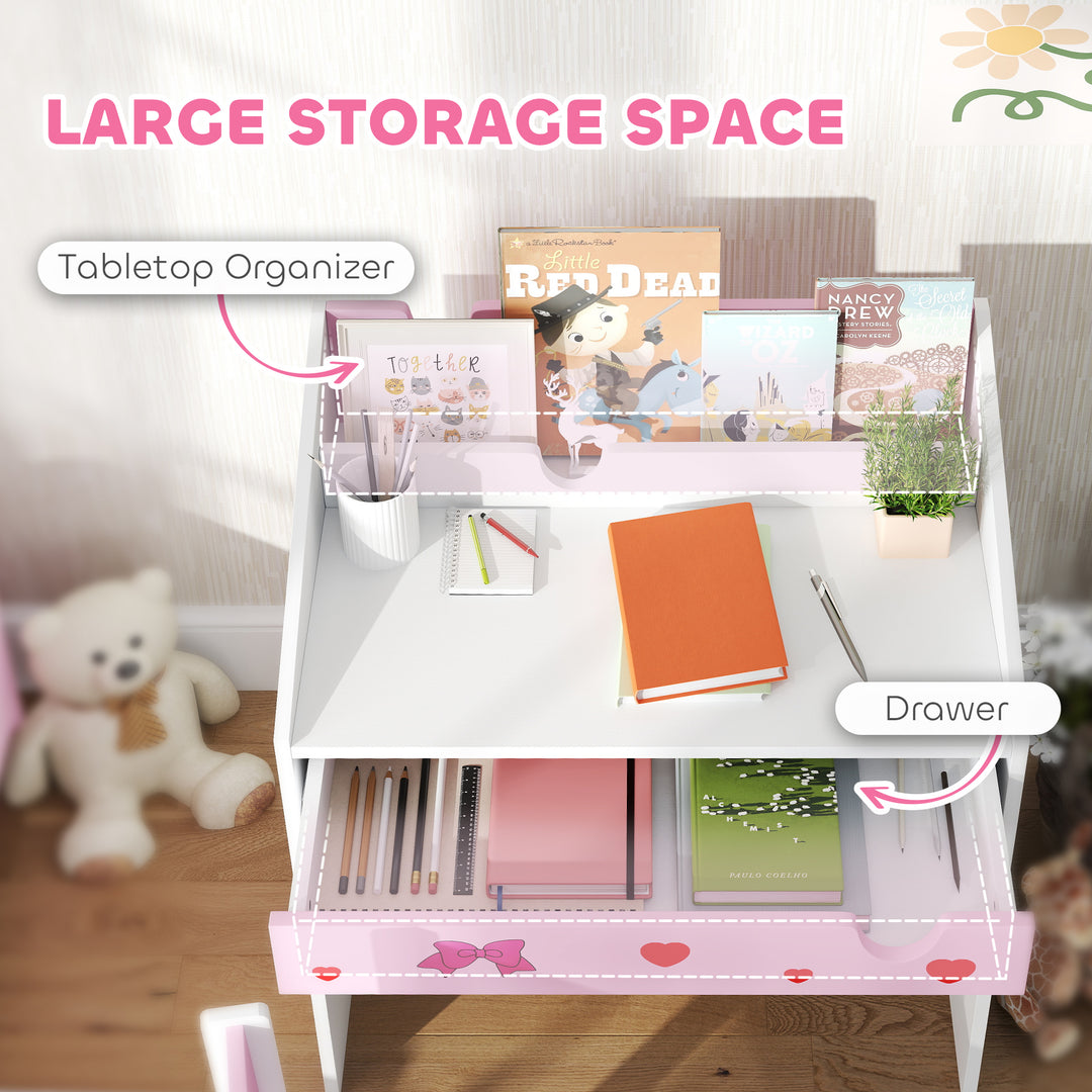 AIYAPLAY Children Study Table and Chair, Kids Desk and Chair Set with Storage, Pull-Out Drawer, for Ages 3-6 Years, Pink