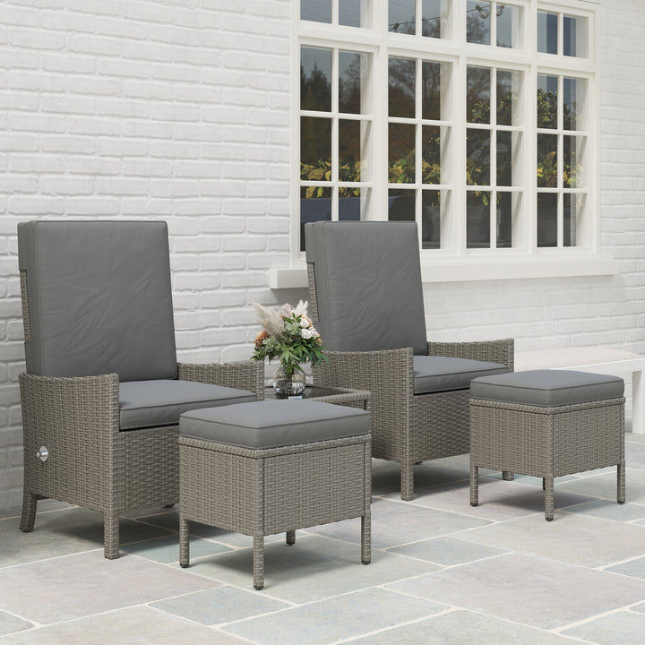 5 Piece Rattan Garden Furniture Set, Wicker Patio Sofa Set with 2 Armchairs, 2 Footstools, Glass Top Coffee Table with Shelf, Outdoor Furniture with Adjustable Backrests, Cushions, Dark Grey