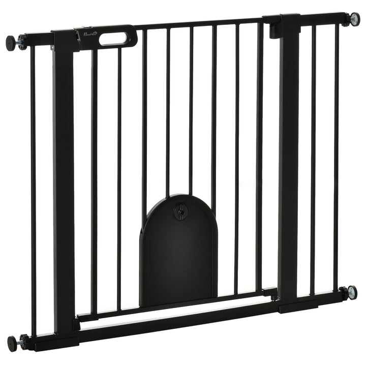 MCL Dog Gate with Cat Flap Pet Safety Gate Barrier, Stair Pressure Fit, Auto Close, Double Locking, for Doorways, Hallways, 75-103 cm Black