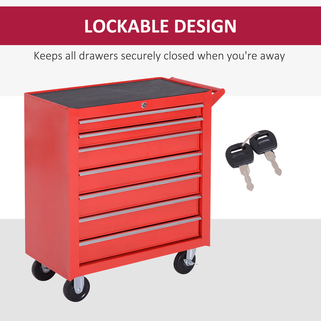 7-Drawer Rolling Tool Chest on Wheels, Lockable Tool Cabinet with Side Handle, Metal Tool Box Trolley for Garage, Workshop, Red
