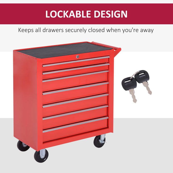 7-Drawer Rolling Tool Chest on Wheels, Lockable Tool Cabinet with Side Handle, Metal Tool Box Trolley for Garage, Workshop, Red