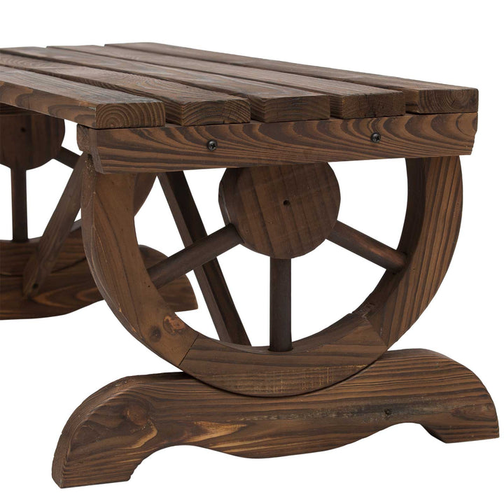 MCL Garden Rustic Wooden Bench Wheel-Shaped Legs Slatted Seat Stable Reinforced Structure Outdoor Patio Garden 2-Person Bench Seat - Brown