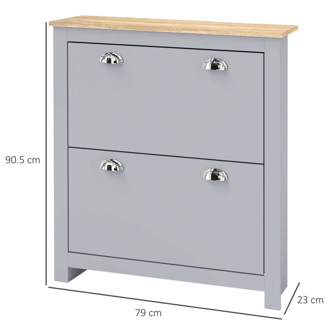 2 Drawer Shoe Cabinet Modern Narrow Shoe Cupboard Hallway Wooden Storage Organiser with Flip Doors Adjustable Shelf for 6-12 Pairs, Grey