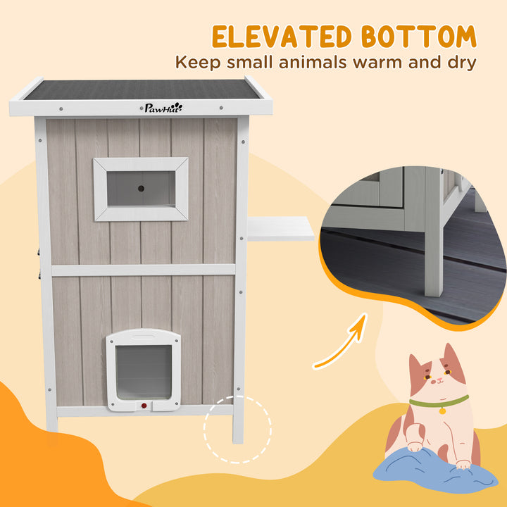 PawHut Outdoor 2 Tiers Wooden Cat Shelter w/ Removable Bottom, Escape Doors, Asphalt Roof, for 1-2 Cats - Light Grey | Aosom UK