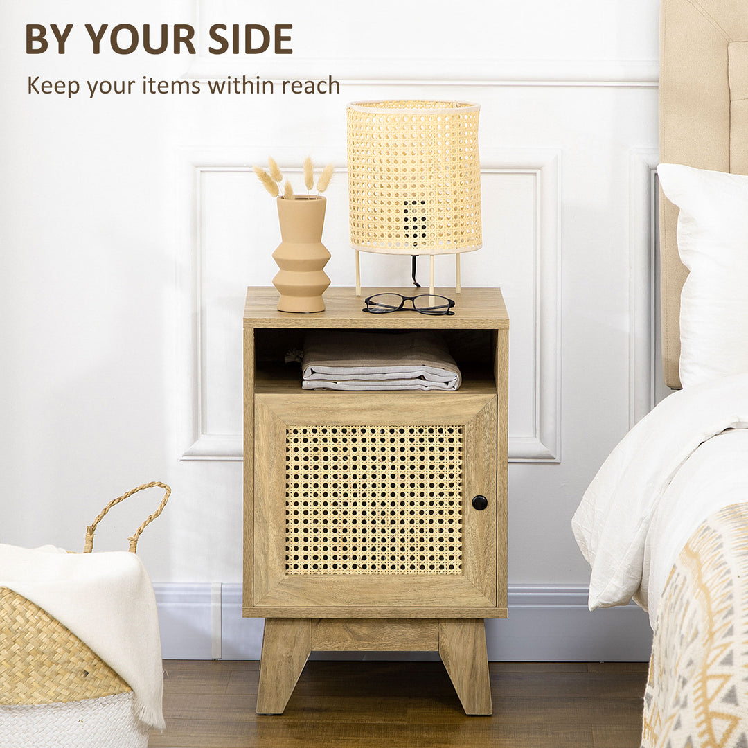 HOMCOM Bedside Cabinet with Rattan Detail, Side Table with Shelf & Cupboard, 39x35x60cm, Natural
