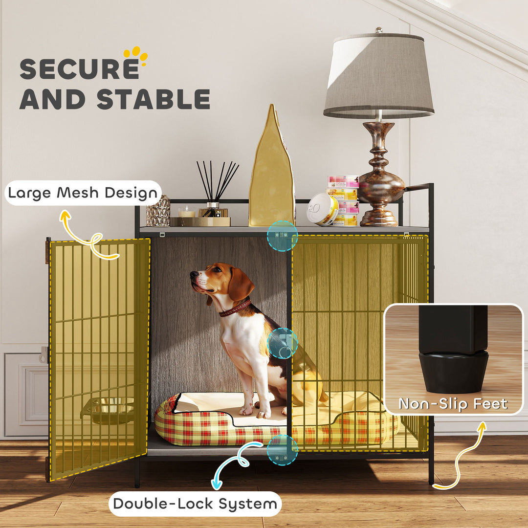Dog Crate Furniture with Rotating Bowl Holder, 2 Bowls, 2 Doors, for Medium Dogs, 80 x 56 x 76.5 cm, Grey