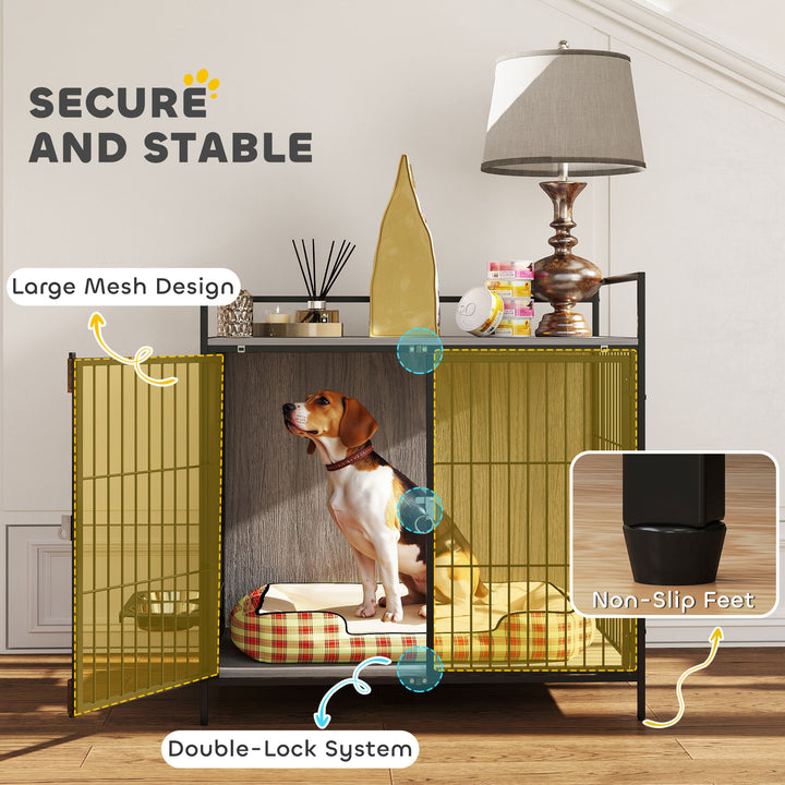 Dog Crate Furniture with Rotating Bowl Holder, 2 Bowls, 2 Doors, for Medium Dogs, 80 x 56 x 76.5 cm, Grey