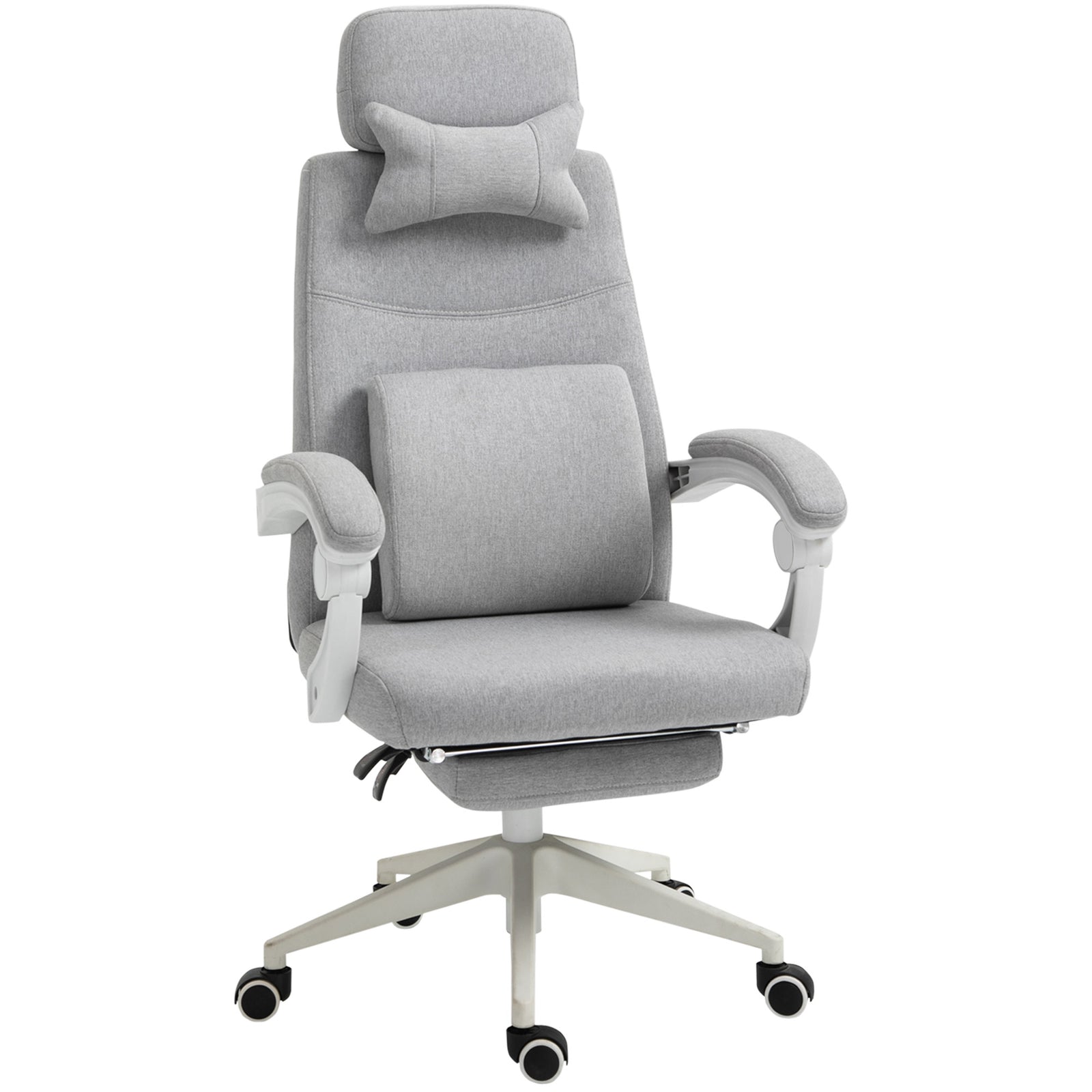 Office Chair, Ergonomic Desk Chair, High Back Fabric Work Chair with 160° Reclining Backrest, Retractable Footrest, Neck and Lumbar Pillow for Home and Study, Grey