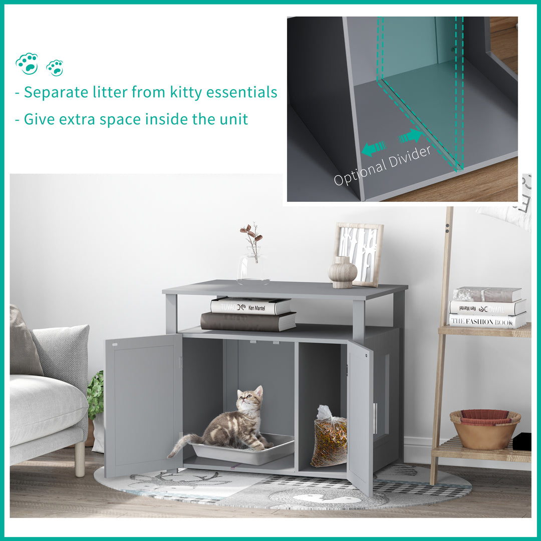 MCL Wooden Cat Litter Box Enclosure Furniture with Adjustable Interior Wall & Large Tabletop for Nightstand, Grey
