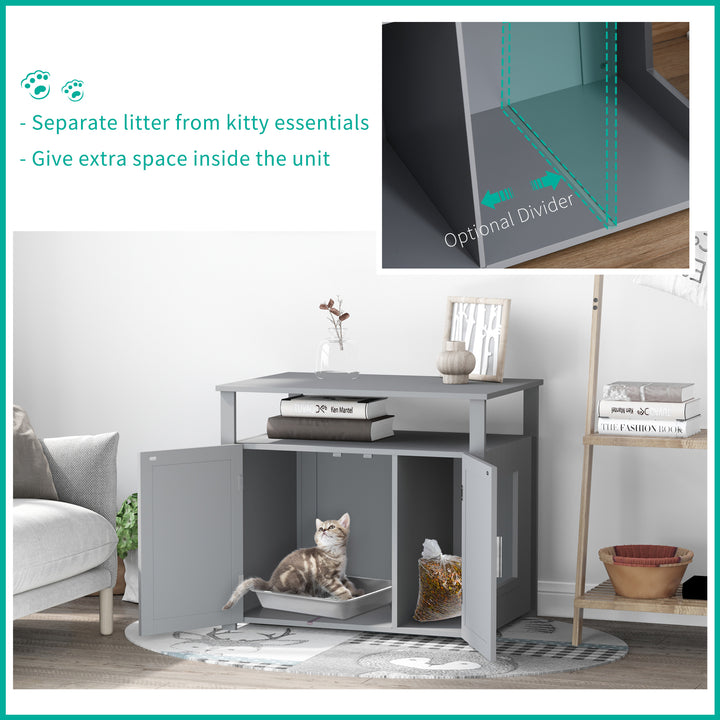 MCL Wooden Cat Litter Box Enclosure Furniture with Adjustable Interior Wall & Large Tabletop for Nightstand, Grey