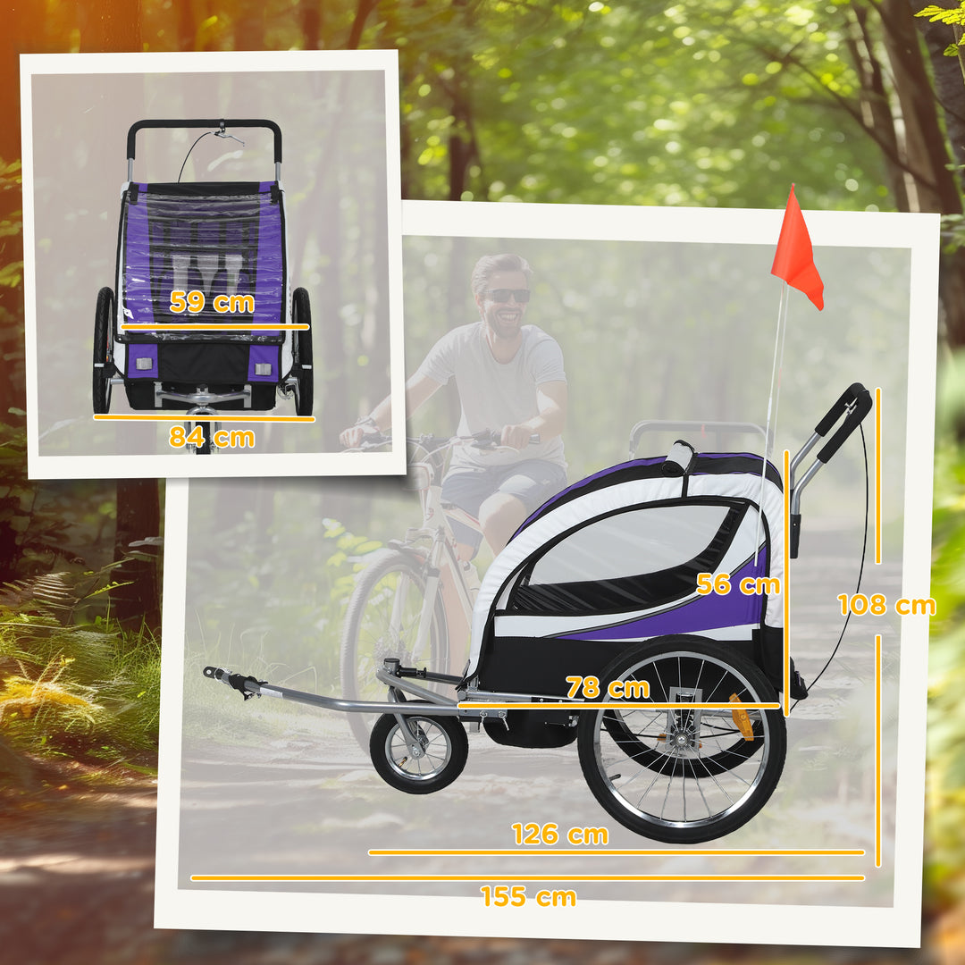 Baby Bike Trailer with 5 Point Harness, Steel Frame, Reflectors, Safety Flag, Hitch Coupler, Purple