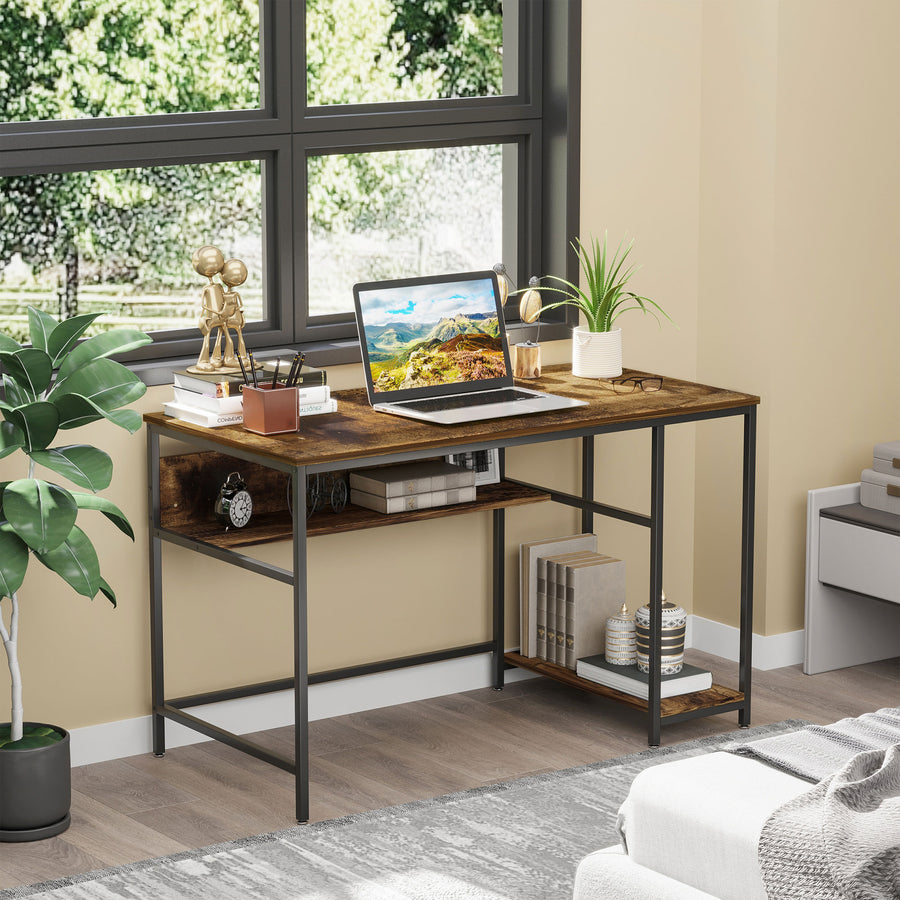 Computer Desk with Storage, 120 x 60cm Home Office Desk with 2 Shelves and Steel Frame, Writing Table for Living Room, Study, Rustic Brown