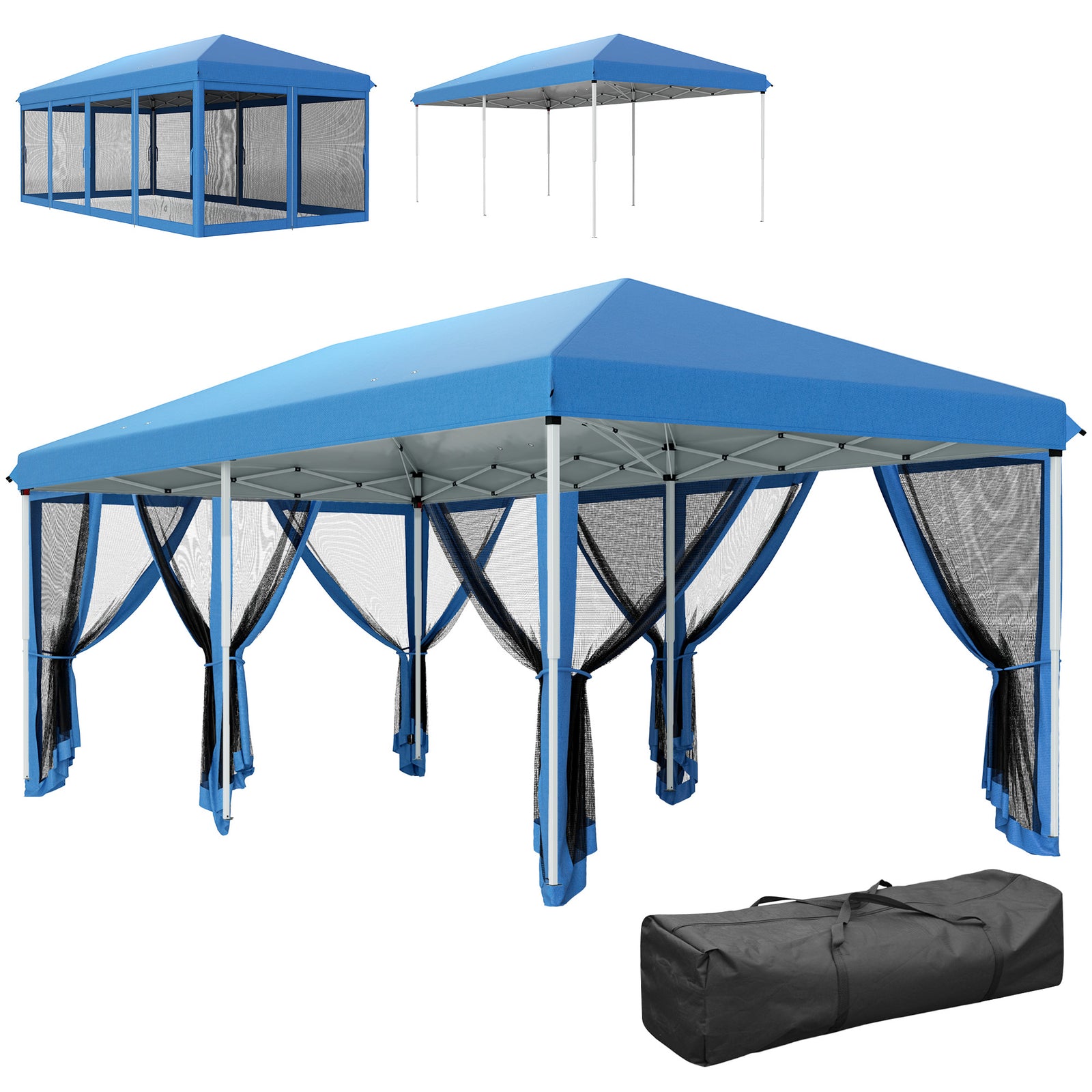 3 x 6m Pop Up Gazebo, Outdoor Canopy Shelter, Marquee Party Wedding Tent with 6 Mesh Walls and Carry Bag, Blue