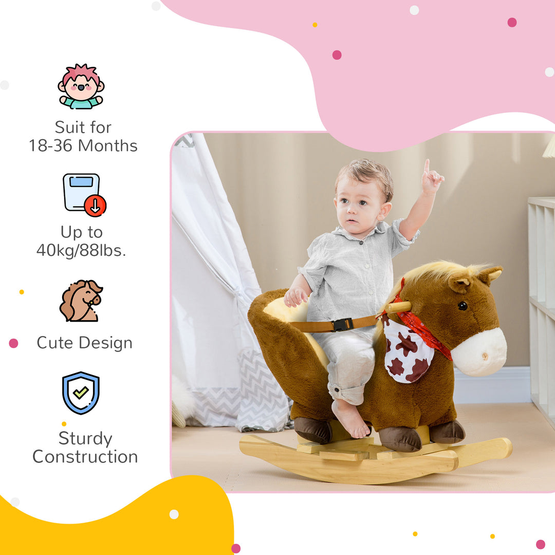 Kids Rocking Horse, with Safety Harness, Sounds, Foot Pedals - Brown