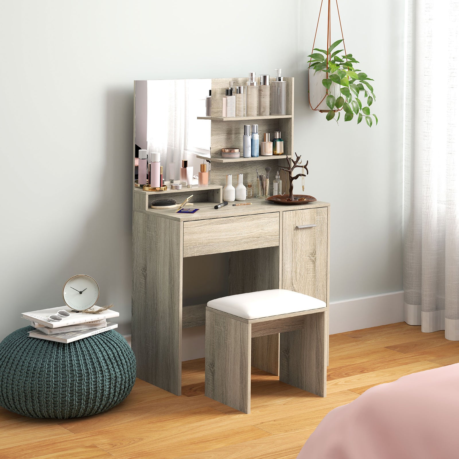 Dressing Table and Stool Set, with Storage - Wood-Effect
