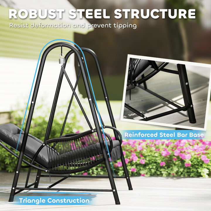 Rattan Swing Chair, Outdoor Garden Hanging Swing Seat with Stand and Seat Cushion, Porch Hanging Chair for Balcony, Garden, Deck, Dark Grey