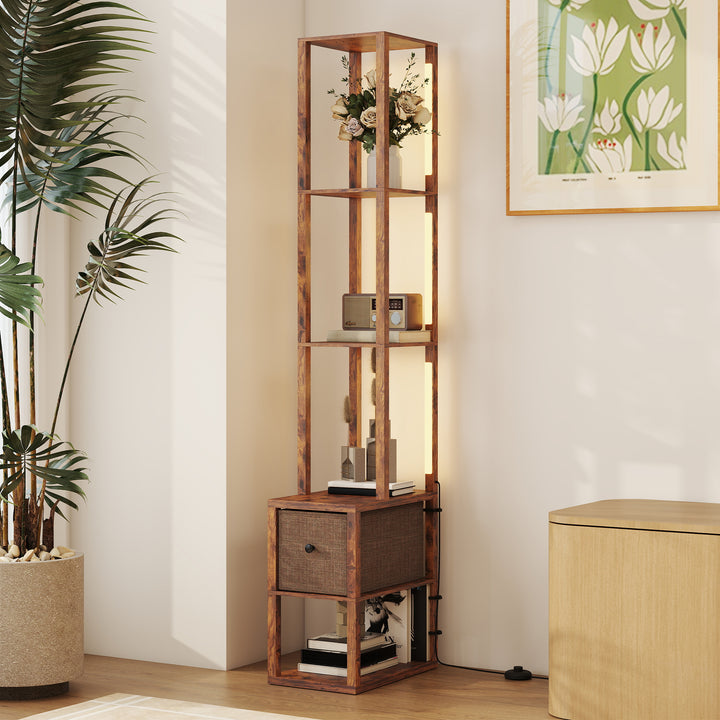 Floor Lamp with Shelves, LED Column Modern Standing Lamp with Fabric Drawer, Adjustable Brightness, Foot Switch for Living Room, Bedroom, Office, Rustic Brown