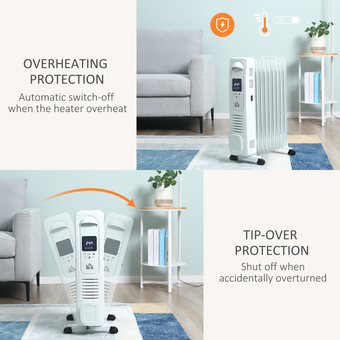 2000W Digital Oil Filled Radiator, 9 Fin, Portable Electric Heater with LED Display, Timer, 3 Heat Settings, Safety Cut-Off and Remote Control, White