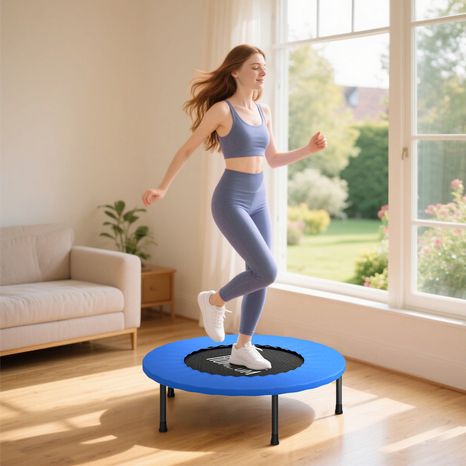 32" Mini Fitness Trampoline Home Gym Yoga Exercise Rebounder Indoor Outdoor Jumper with Safety Pad, Support Up to 100 KG, Blue and Black