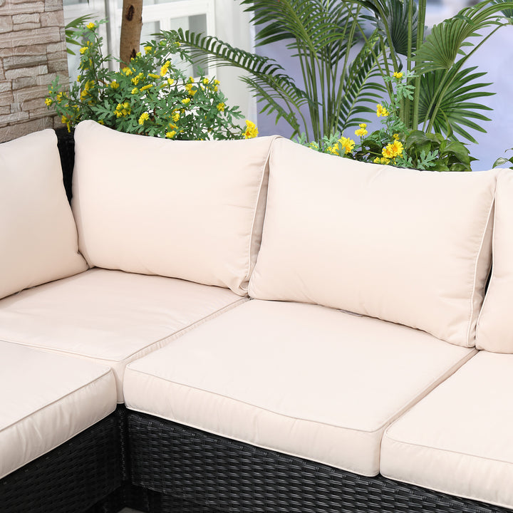 4 PCs Rattan Garden Furniture Outdoor Sectional Corner Sofa and Coffee Table Set  Conservatory Wicker Weave Furniture with Armrest and Cushions - Black