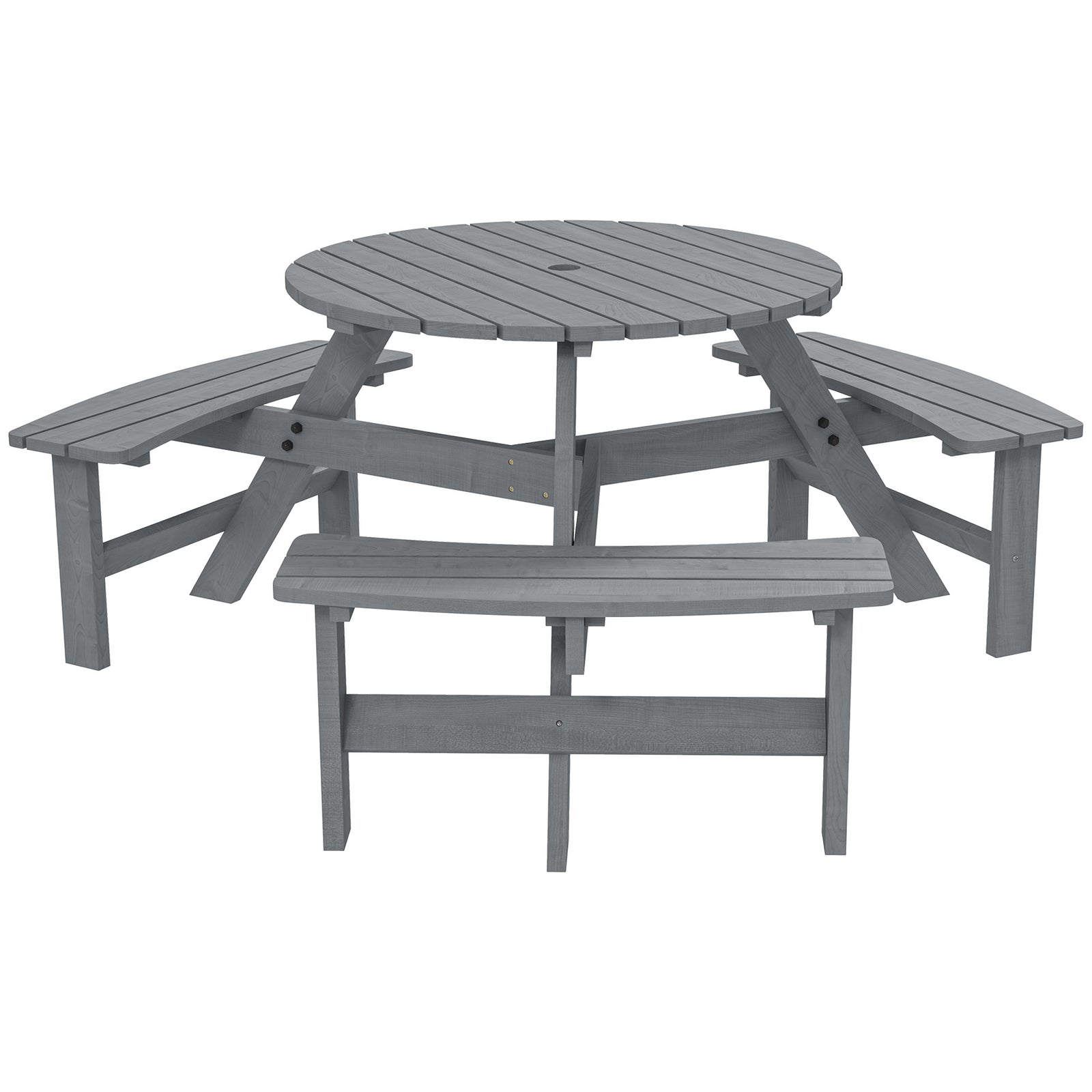 6 Seater Wooden Picnic Table and Garden Benches Set, Round Garden Dining Set with 3 Benches and Umbrella Hole Outdoor Garden Park, Grey