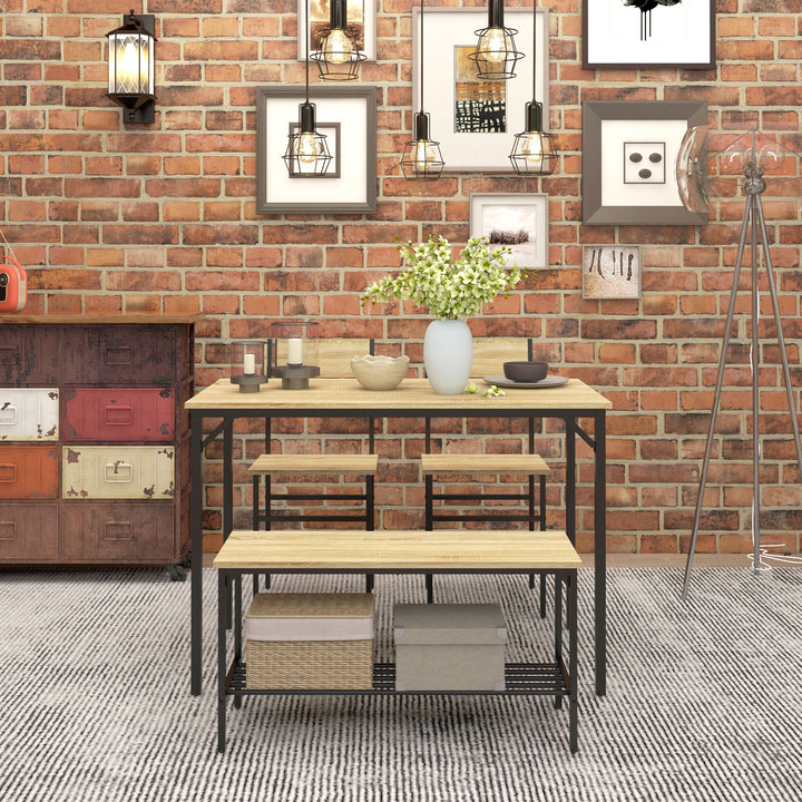 Square Dining Set for 4 Persons, Table, Chairs and Bench Included, Natural Wood Effect