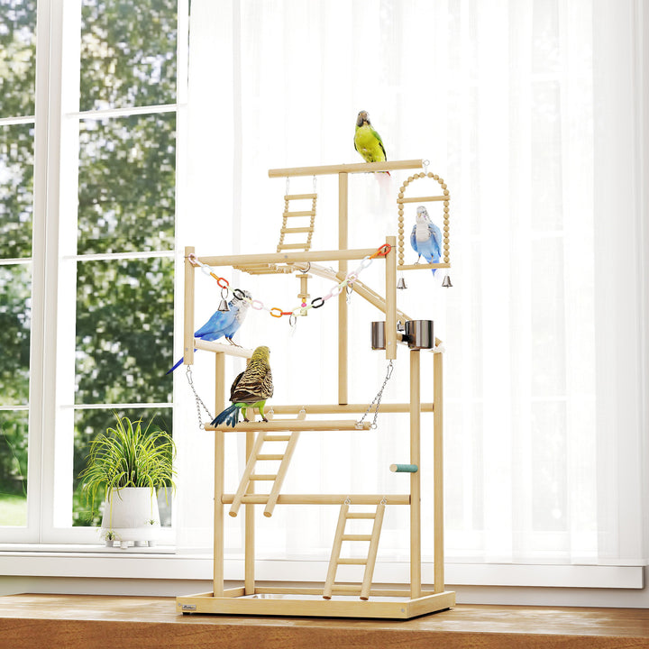 95 cm Wooden Bird Playground with Ladders, Chain Toy, Stainless Steel 