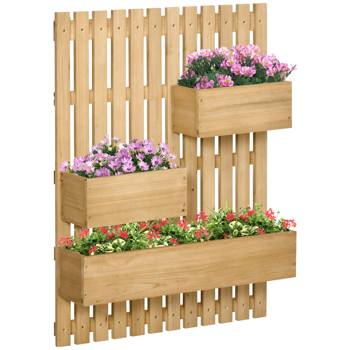 Outsunny Wall-mounted Wooden Garden Planters with Trellis, Drainage Holes and 3 Movable Planter Boxes, Wall Raised Garden Bed for Patio, Natural