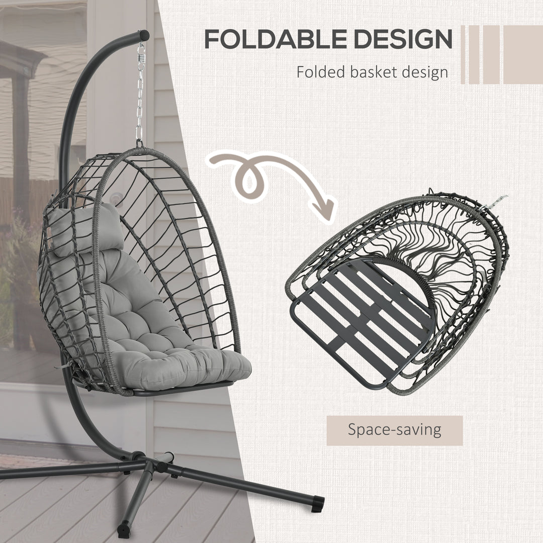 Outdoor PE Rattan Swing Chair with Foldable Basket and Cushion, Garden Patio Hanging Egg Chair with Metal Stand, Headrest for Indoor and Outdoor, Light Grey