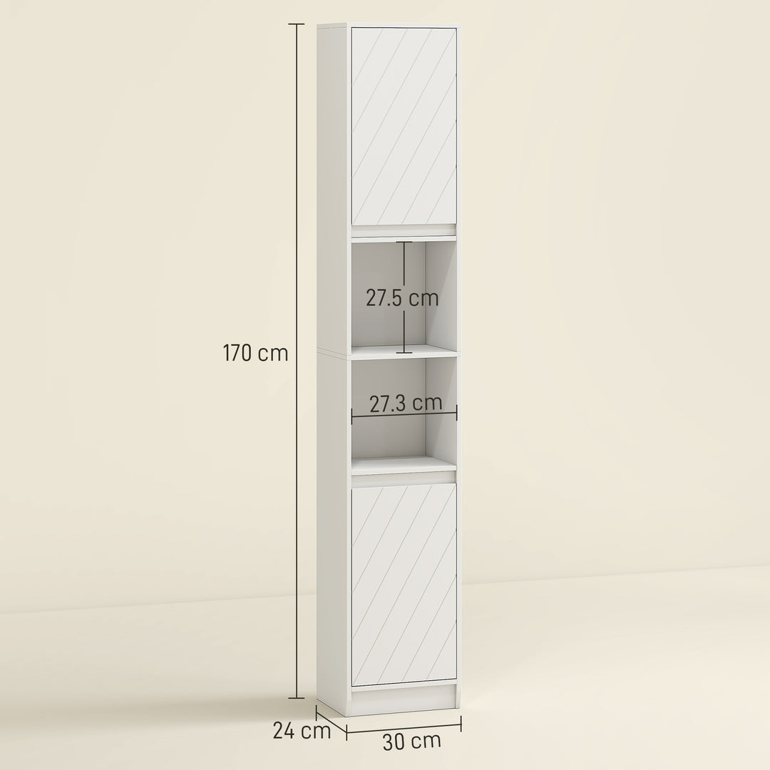 Narrow Bathroom Cabinet, Slim Bathroom Storage Unit with Open Compartment, Freestanding Storage Cupboard with Adjustable Shelves for Small Spaces, 30 x 24 x 170 cm, White