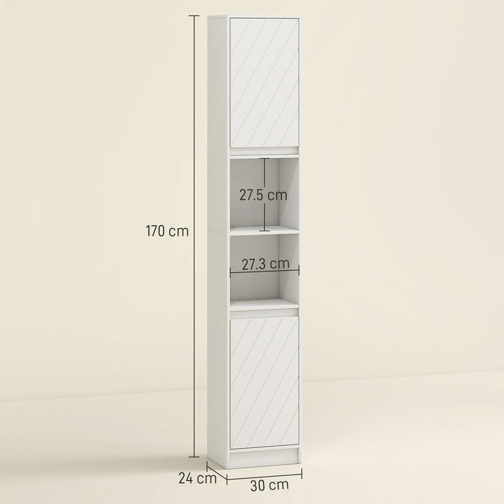 Narrow Bathroom Cabinet, Slim Bathroom Storage Unit with Open Compartment, Freestanding Storage Cupboard with Adjustable Shelves for Small Spaces, 30 x 24 x 170 cm, White