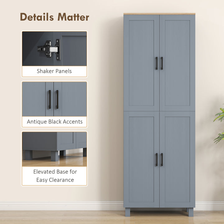 Freestanding Kitchen Cupboard, 4-Door Storage Cabinet with Adjustable Shelves, Modern Kitchen Pantry for Dining Room, 170cm, Grey Wood Effect
