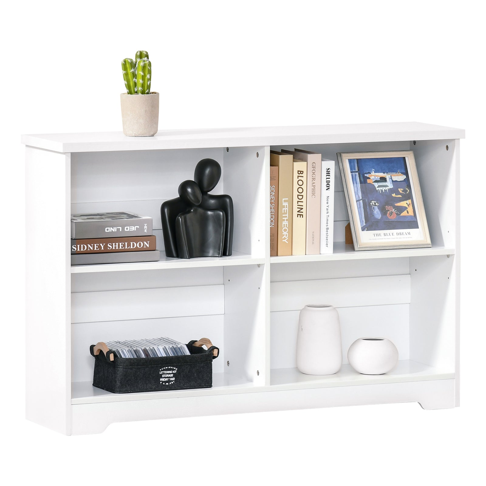 Wooden Cube Bookcase, 2 Tier Open Storage Shelving Unit with 4 Compartments, Freestanding Display Bookshelf for Home Office Living Room Furniture, 118 x 29 x 76cm, White