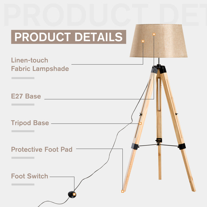 HOMCOM Tripod Floor Lamp Wooden Adjustable Modern Illumination Design E27 Bulb Compatible (Cream Shade) 99