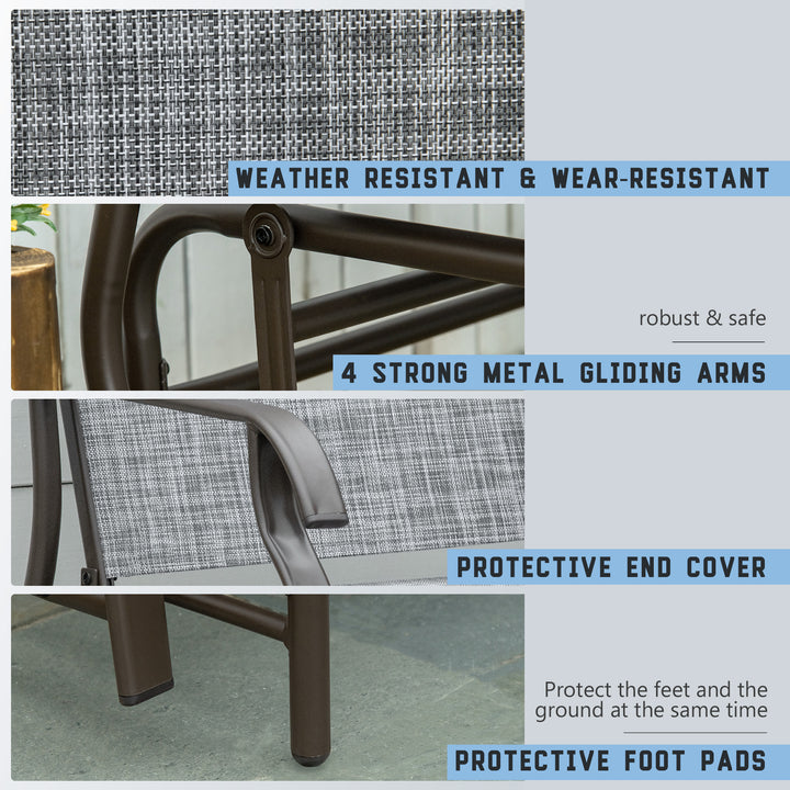 2 Seats Garden Glider Bench, Metal Frame Loveseat with Glass Top Centre Table, Porch Rocking Glider for 2 Person, for Deck, Patio, Brown/ Grey