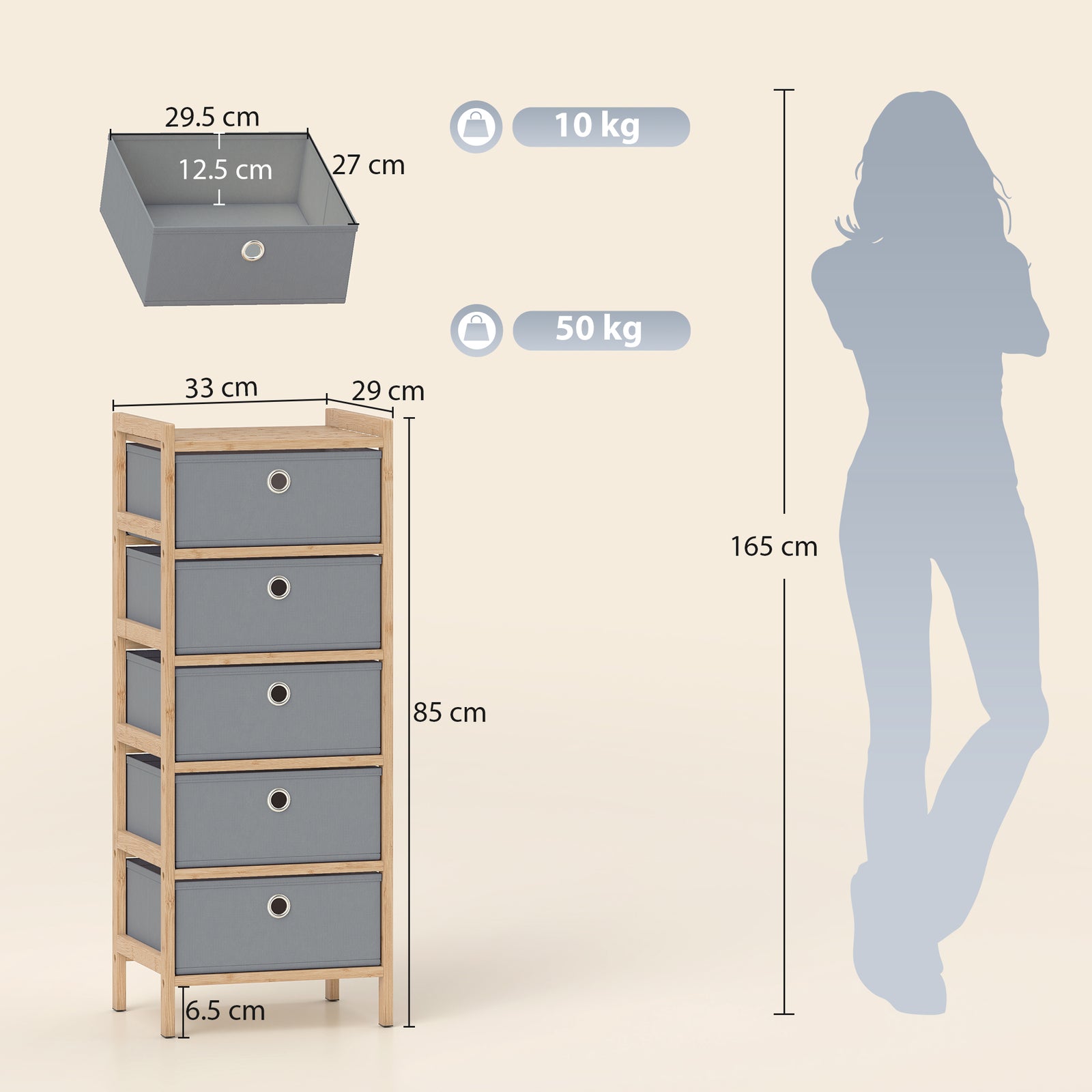 Chest of Drawers, 5 Fabric Drawers Narrow Dresser with Bamboo Frame, L