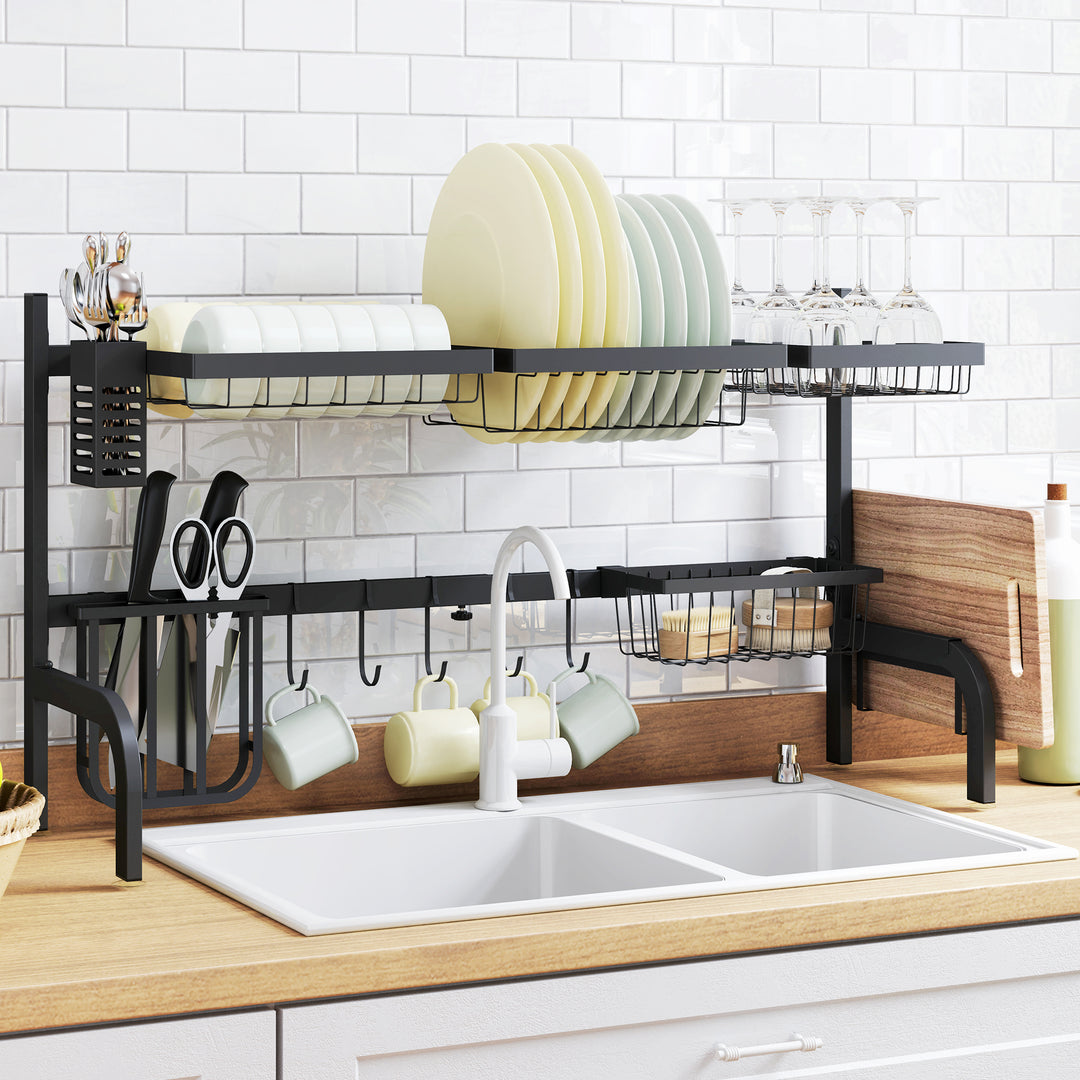 MCL Space Saving 2 Tier Adjustable Dish Drainer Over The Sink Dish Drying Rack, Black
