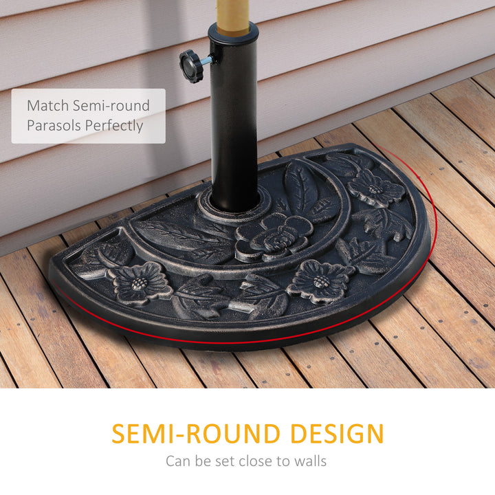 9kg Resin Parasol Base, Half Round Umbrella Stand with Floral Design for Garden, Outdoor, Suitable Umbrella Rod: Φ3.8cm, Φ4.8cm, Bronze Tone