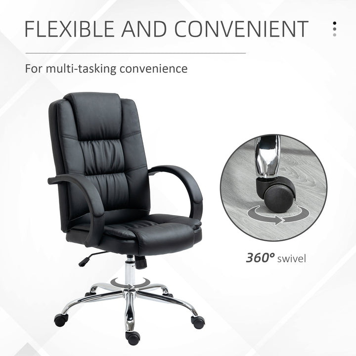 Office Chair, PU Leather Desk Chair with 13cm Soft Padded Seat and Backrest, Swivel Chair with Adjustable Height and Rolling Wheels, Black