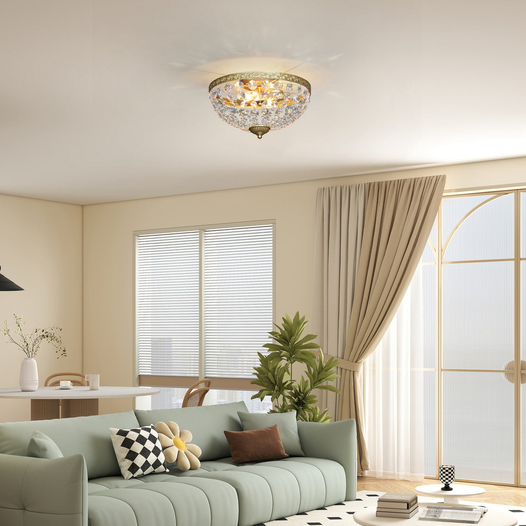 MCL Crystal Chandelier Ceiling Light with 168 Octagonal Beads, Vintage 2-Light Flush Mount Ceiling Light for Living Room, Bedroom, Hallway, Dining Room, Gold Tone