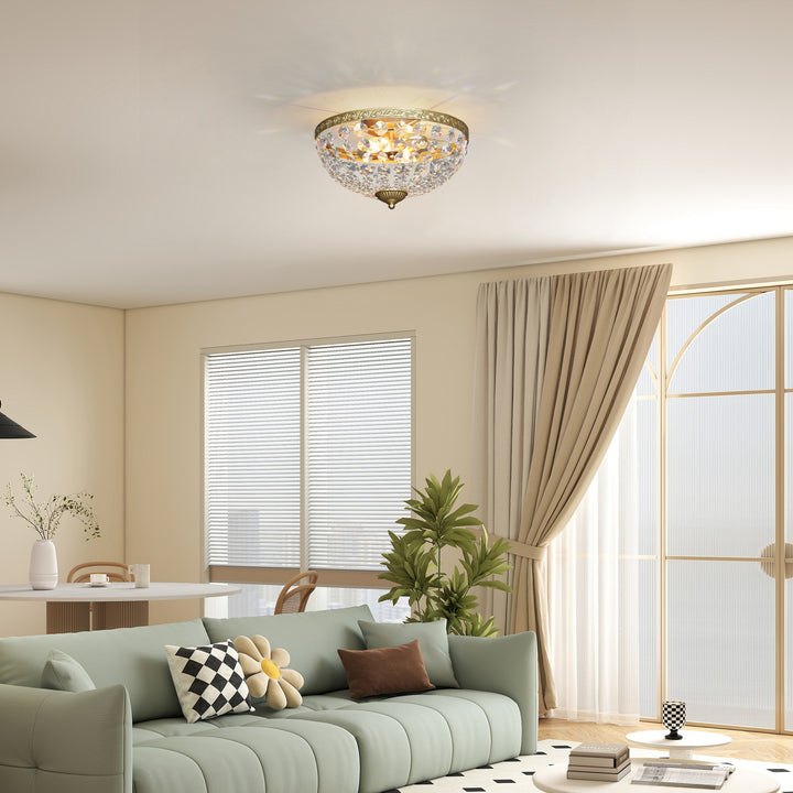 MCL Crystal Chandelier Ceiling Light with 168 Octagonal Beads, Vintage 2-Light Flush Mount Ceiling Light for Living Room, Bedroom, Hallway, Dining Room, Gold Tone
