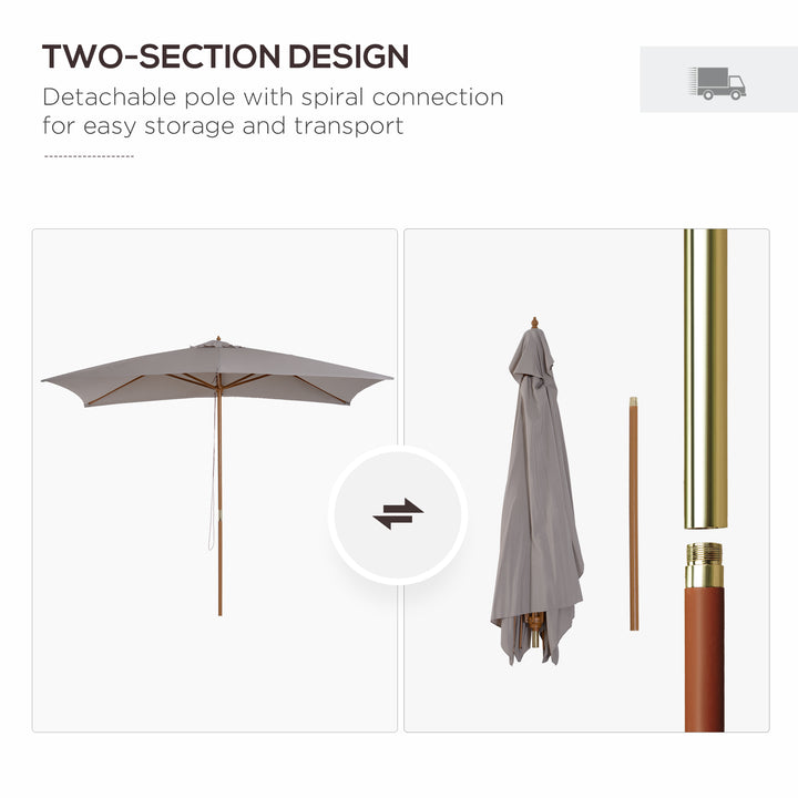 2 x 3m Wooden Garden Parasol Umbrella Outdoor Sun Shade Canopy, Table Market Umbrella with Vent, 38 mm Pole, Rope Pulley Mechanism, Light Grey