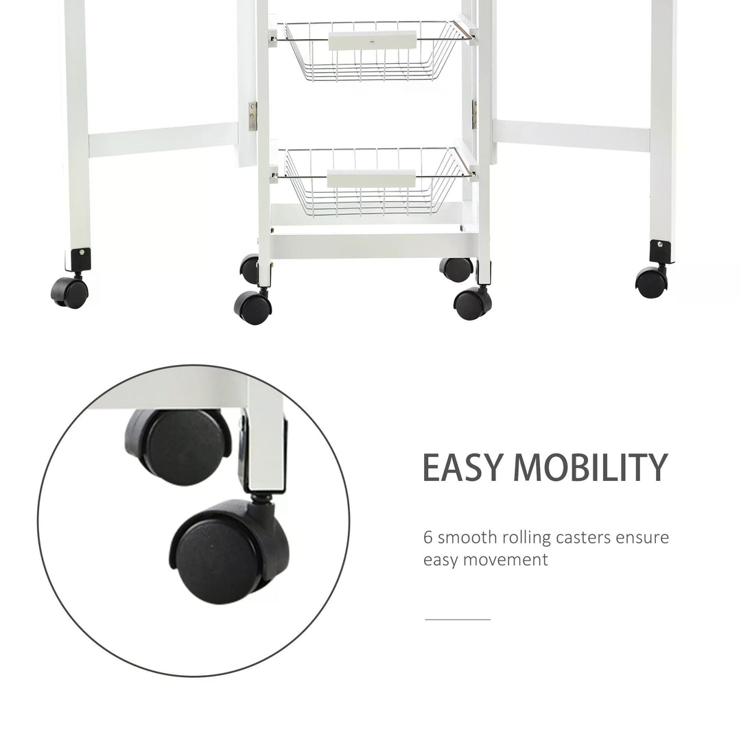 HOMCOM Drop-Leaf Kitchen Trolley w/ 3 Baskets Drawer Surface Top 6 Wheels Rolling Storage Unit Kitchen Home Dining Cart White Oak Tone | Aosom UK