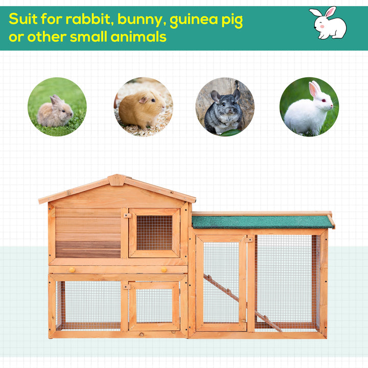 Rabbit 2 Tier Fir Wood Small Animal Hutch Guinea Pigs Hutches w/ Ramp Brown